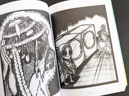Comic illustration showing tentacled creatures and a girl standing next to laundry machines in a surreal domestic setting.