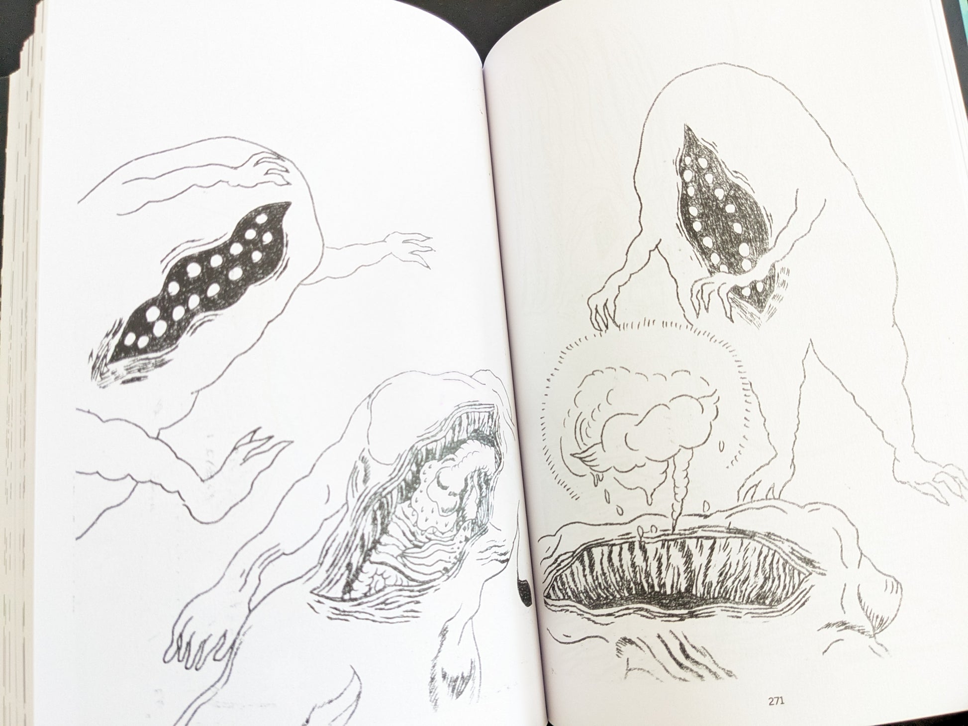Surreal mutant beings with split-open torsos, exposing detailed organic and alien structures.