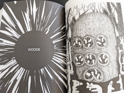 Comic page titled “Woods” featuring a large forest-dwelling creature with multiple round eyes and surrounded by smaller figures.