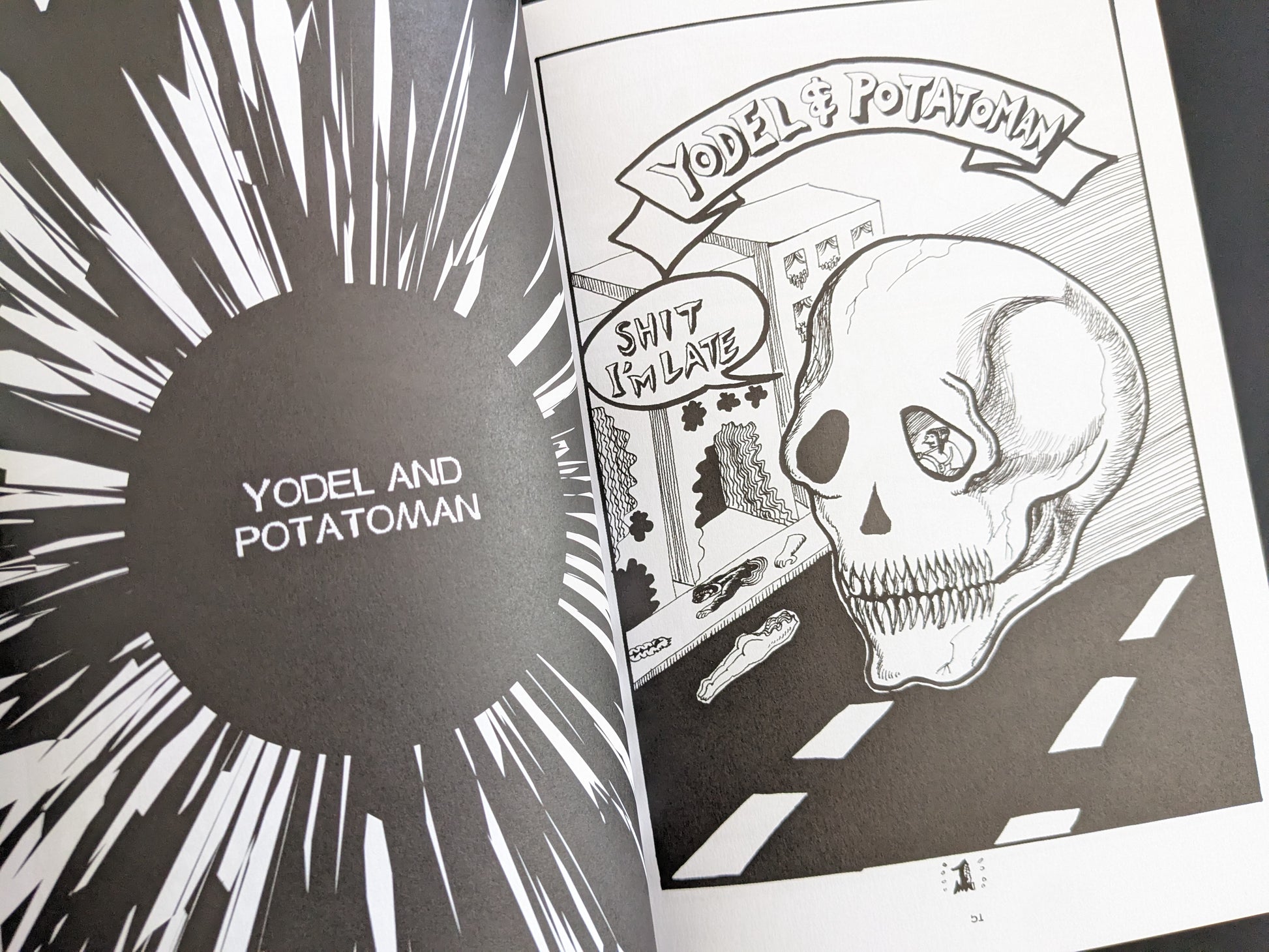 Comic page introducing the characters Yodel and Potatoman, with a large skull figure and an urban background.