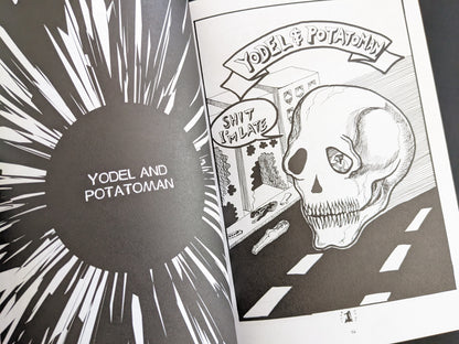 Comic page introducing the characters Yodel and Potatoman, with a large skull figure and an urban background.