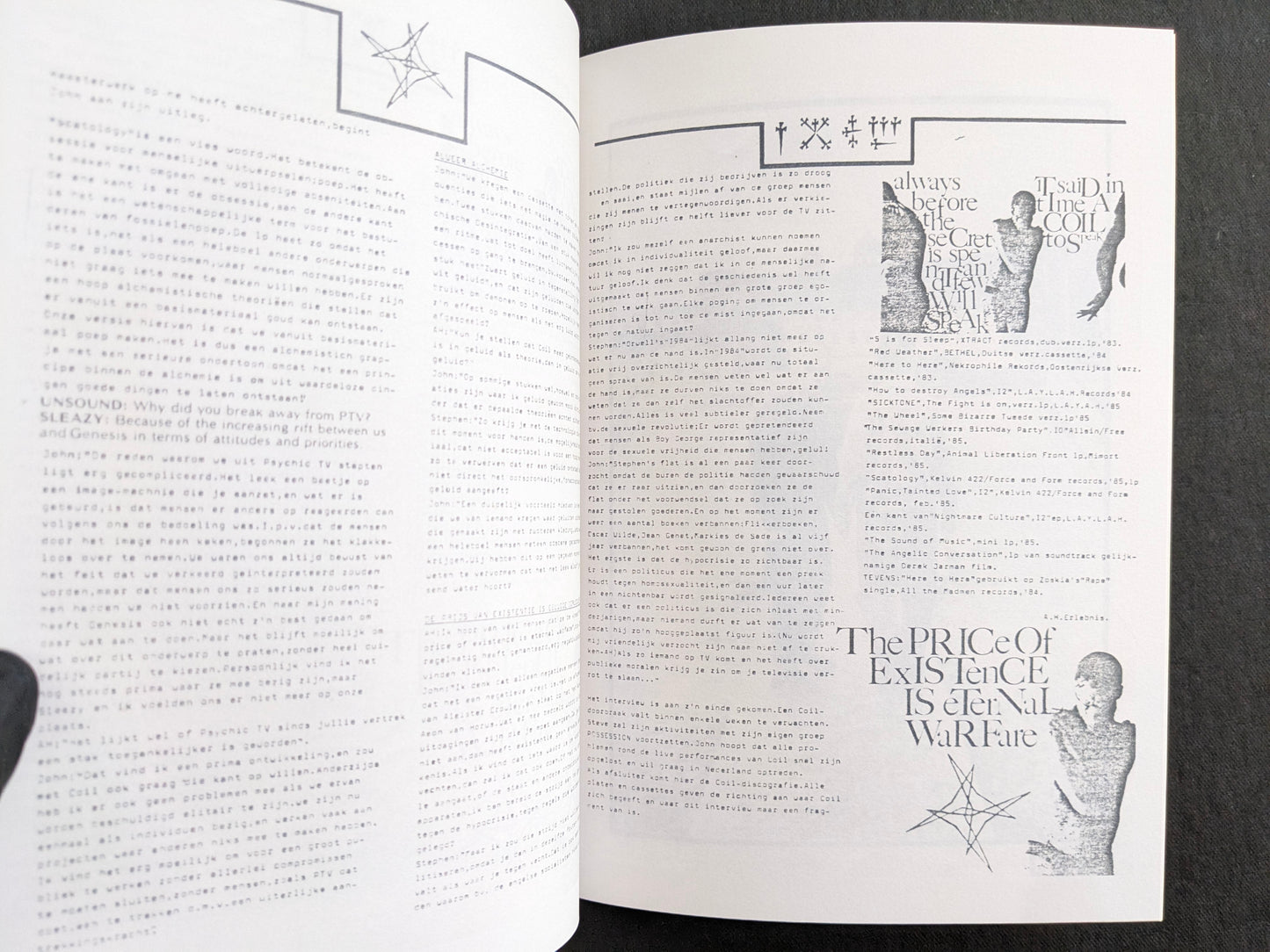 Interior spread with dense Dutch text and graphic quotations related to Coil and Psychic TV.