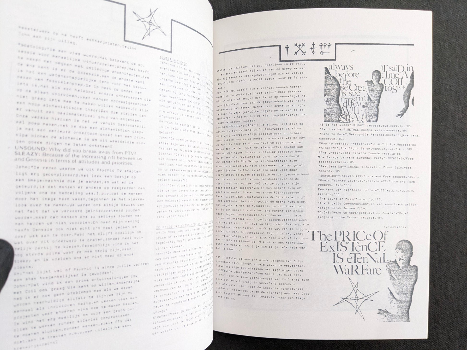 Interior spread with dense Dutch text and graphic quotations related to Coil and Psychic TV.