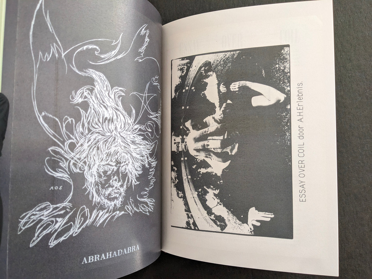 Interior spread with an Abrahadabra illustration on the left page and an essay page with a black-and-white performance image on the right.