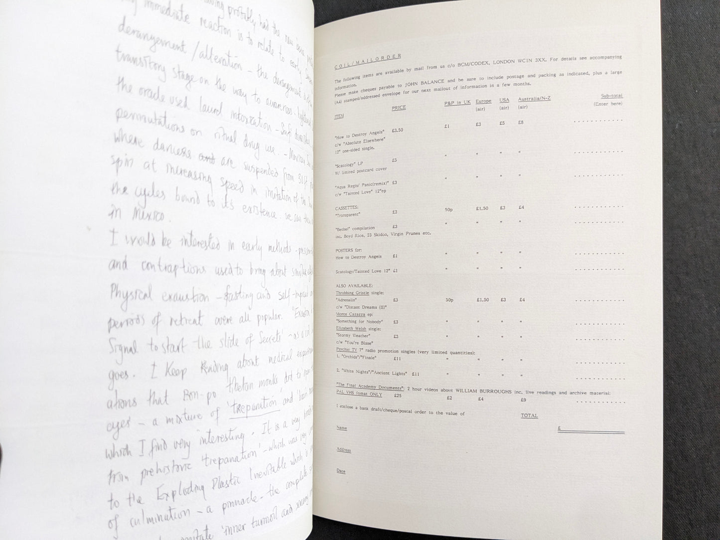 Interior spread with handwritten notes on the left page and a typed COIL mail-order price list on the right page.