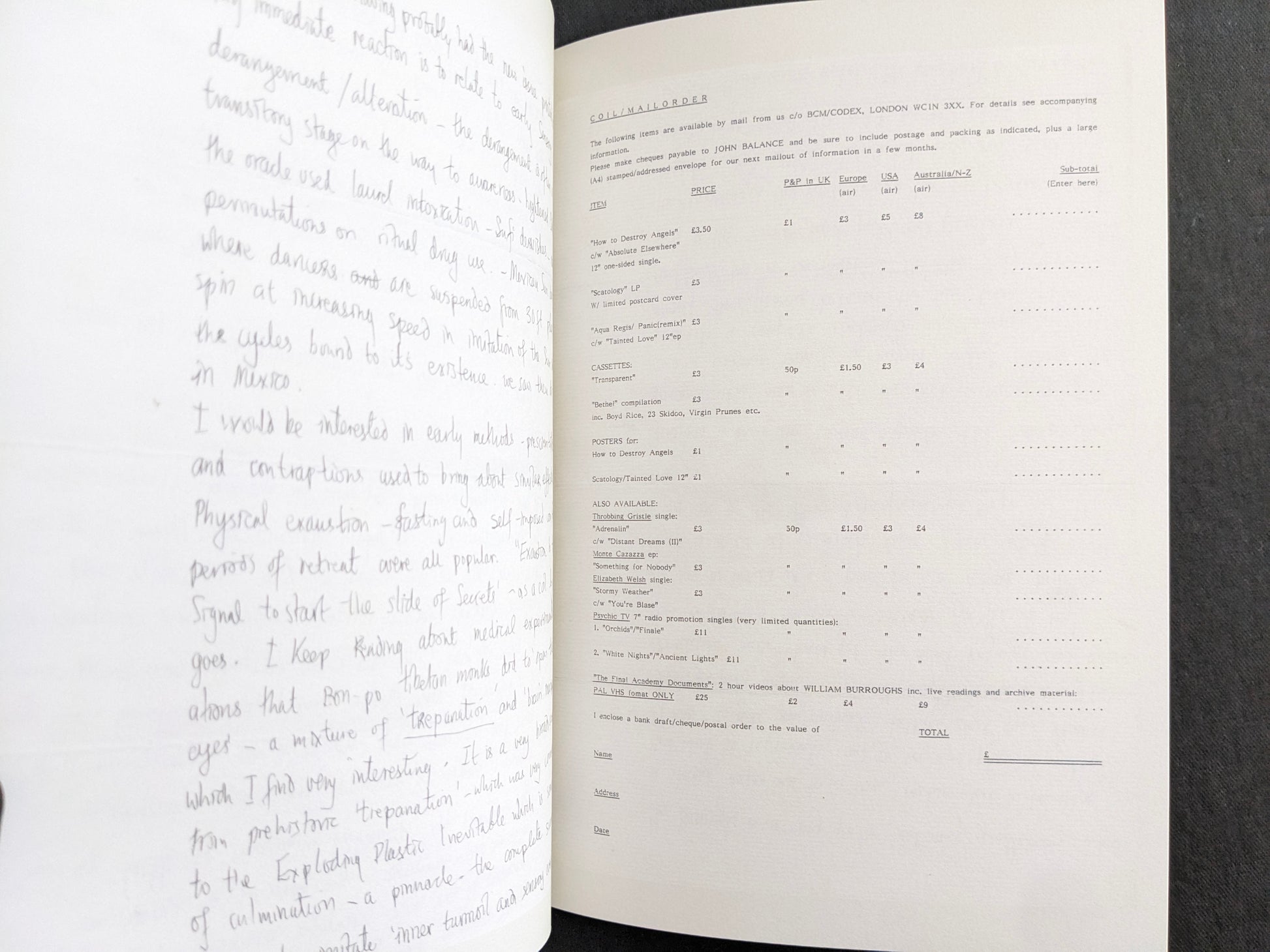 Interior spread with handwritten notes on the left page and a typed COIL mail-order price list on the right page.