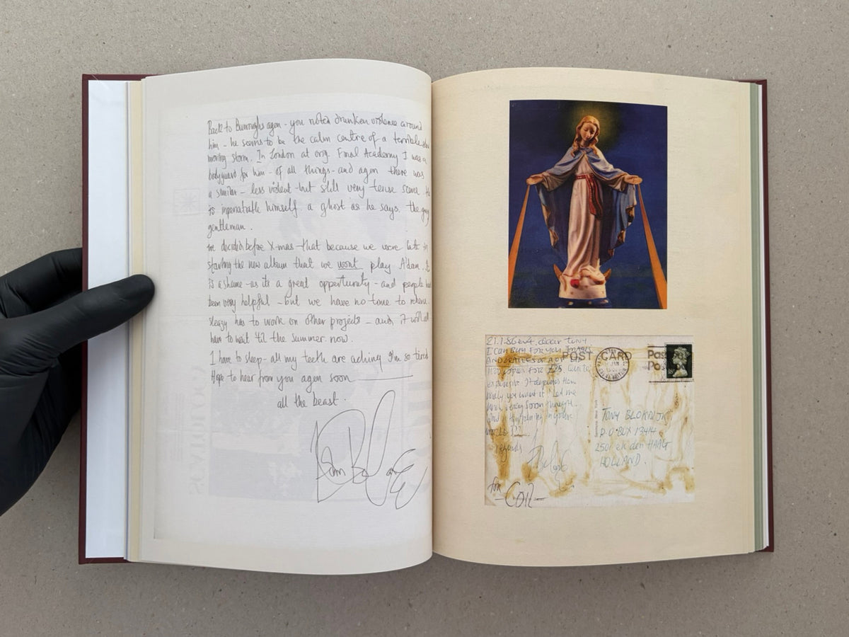 Open spread from The Abrahadabra Letters showing a handwritten letter on the left page and two reproduced images on the right, including a devotional figure and a postcard.