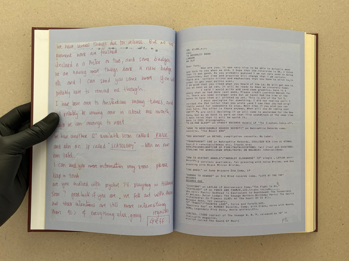 Open spread from The Abrahadabra Letters showing a handwritten letter on the left page and a typed Coil-related letter on the right page.