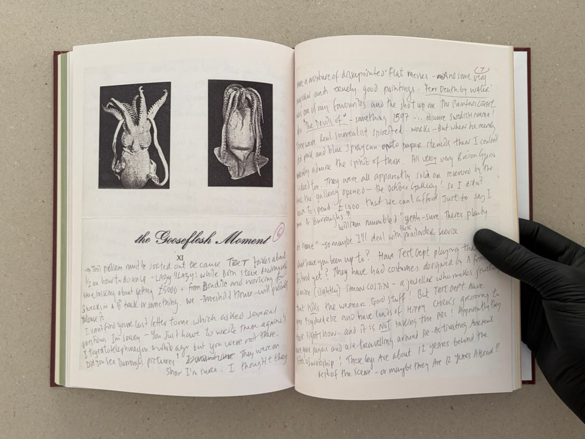 Open spread of The Abrahadabra Letters showing handwritten correspondence and two black-and-white reproduced images on the left page.