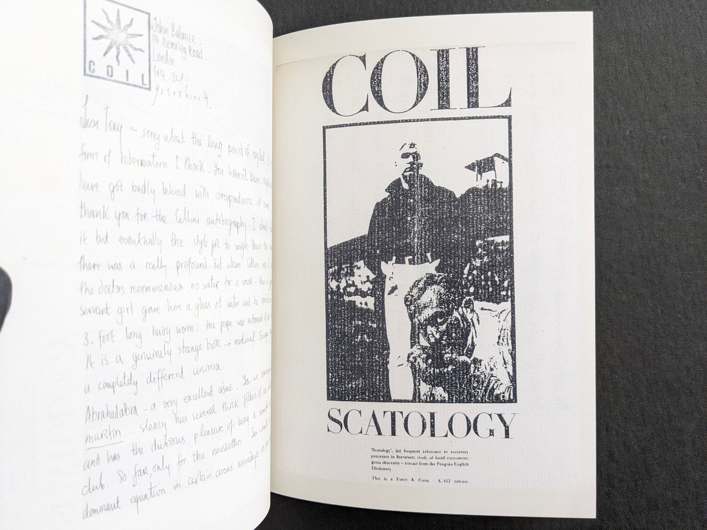 Interior spread with a handwritten letter page on the left and a full-page Coil Scatology graphic on the right.