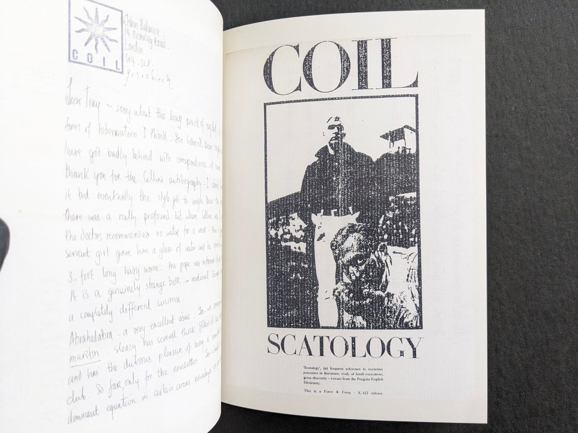 Interior spread with a handwritten letter page on the left and a full-page Coil Scatology graphic on the right.