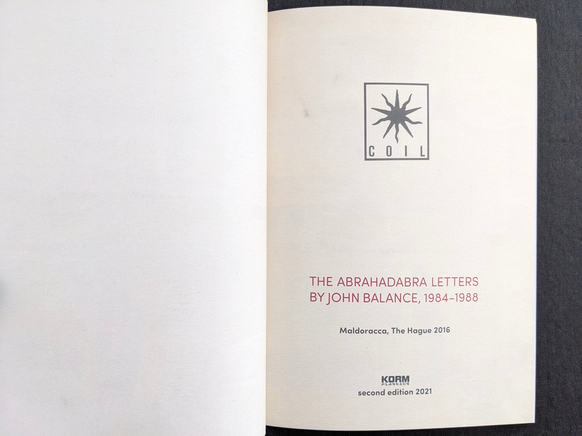 Title page spread with the Coil logo and publication details for The Abrahadabra Letters, 1984–1988.