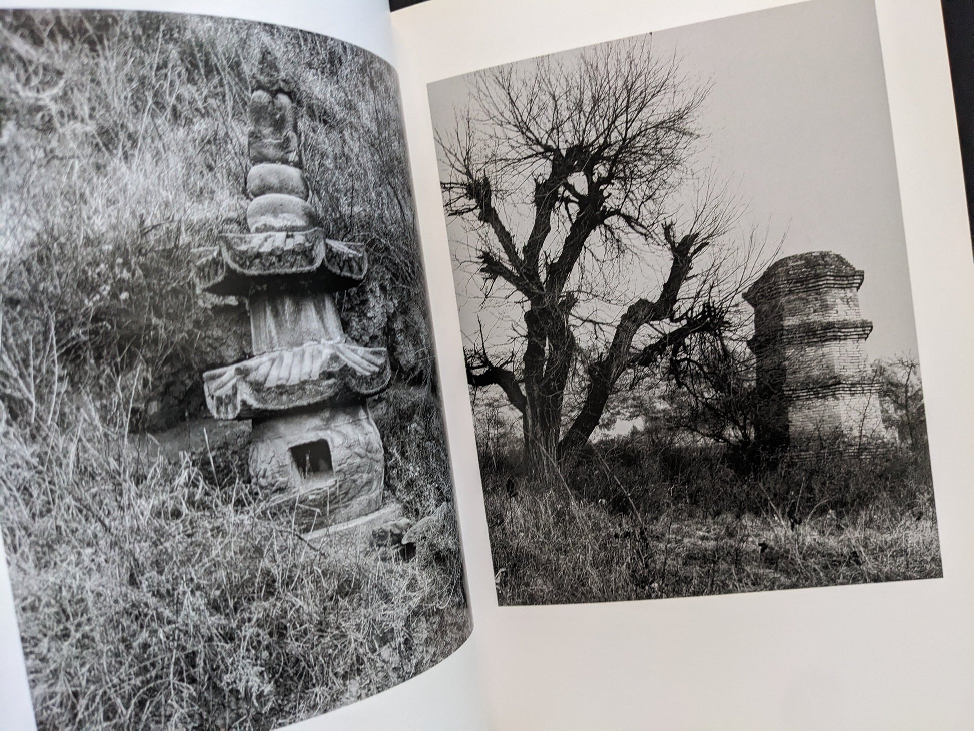 Interior spread with two black-and-white photographs of Buddhist towers in natural surroundings.