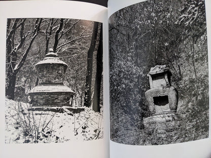 Black-and-white photographs of Buddhist stone towers surrounded by winter trees.