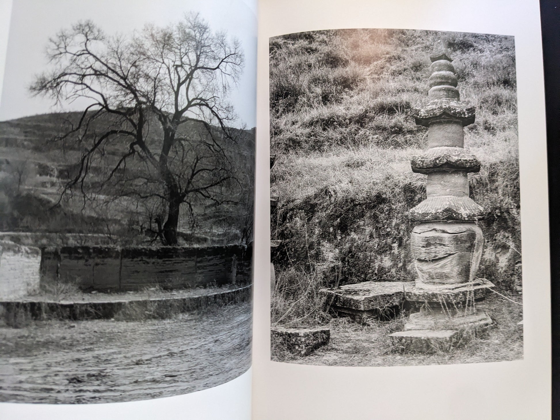 Black-and-white images of ancient Chinese stone towers in snow.