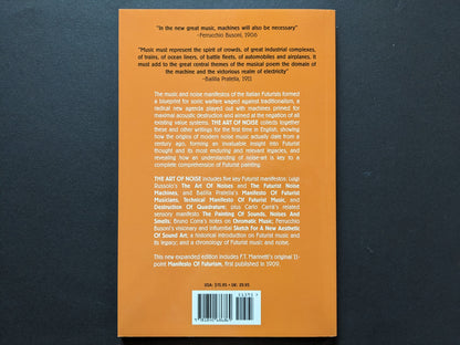 Back cover of The Art of Noise with synopsis and quotes by Busoni and Pratella.