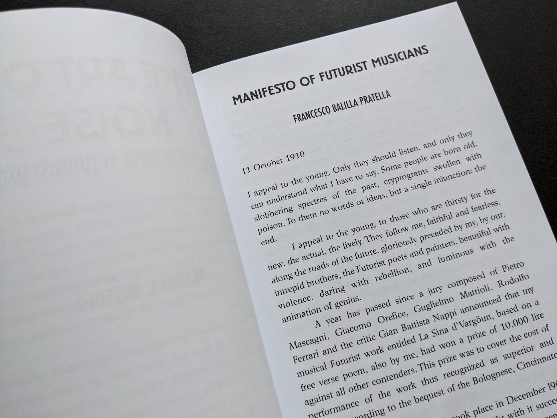 First page of Francesco Balilla Pratella’s Manifesto of Futurist Musicians, dated 1910.
