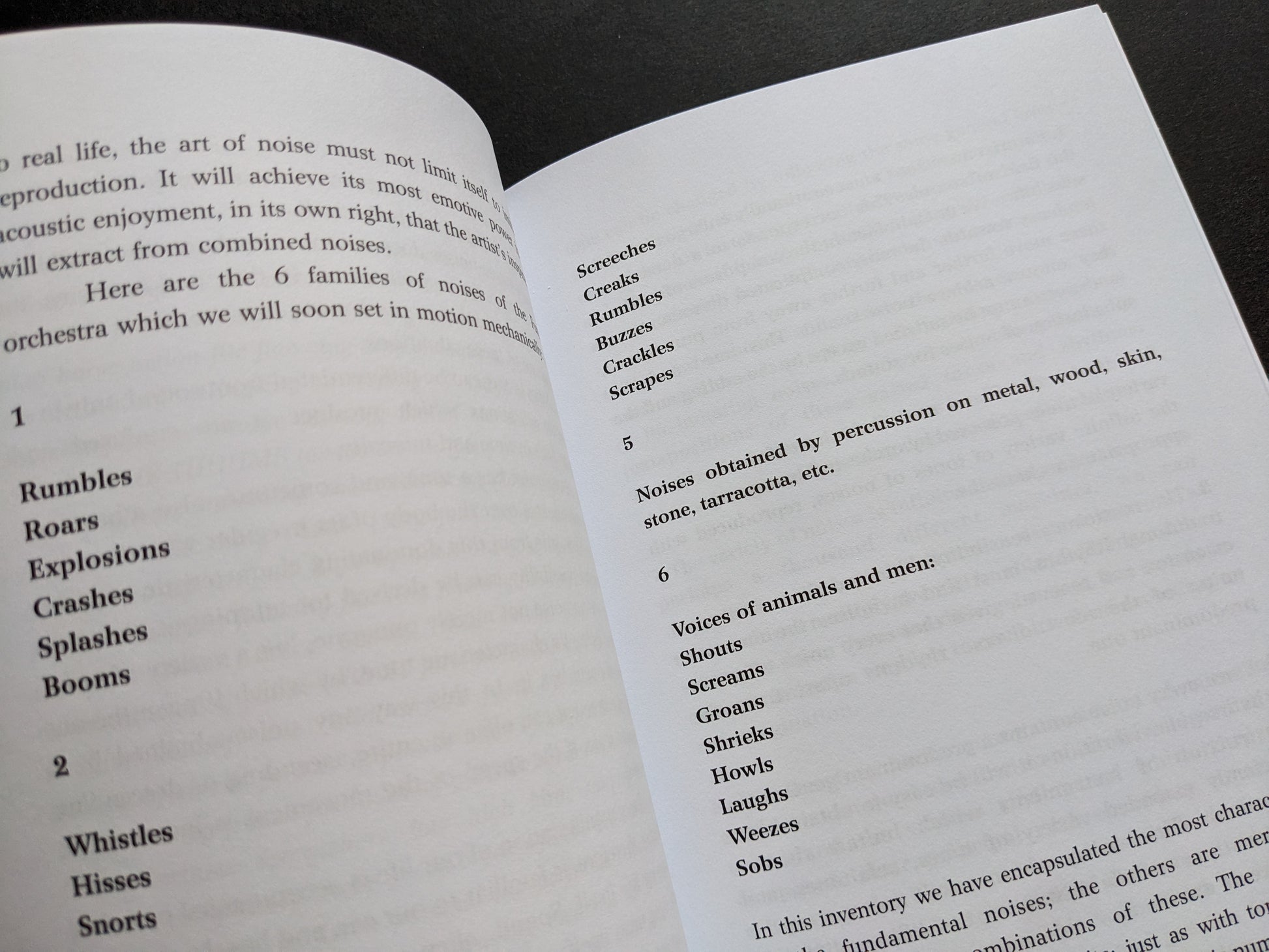 Classification of noises in The Art of Noise, listing sound families like rumbles, roars, and shouts.