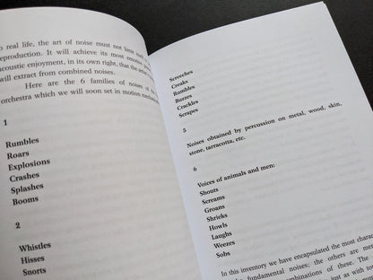 Classification of noises in The Art of Noise, listing sound families like rumbles, roars, and shouts.