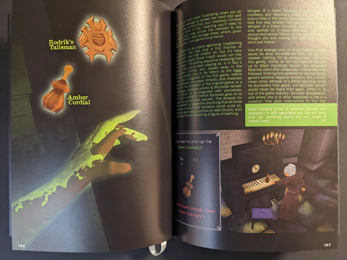 Spread from The Bizarre World of Fake Video Games with inventory items and screenshot of a ghostly hand at a piano in a fake survival horror game.
