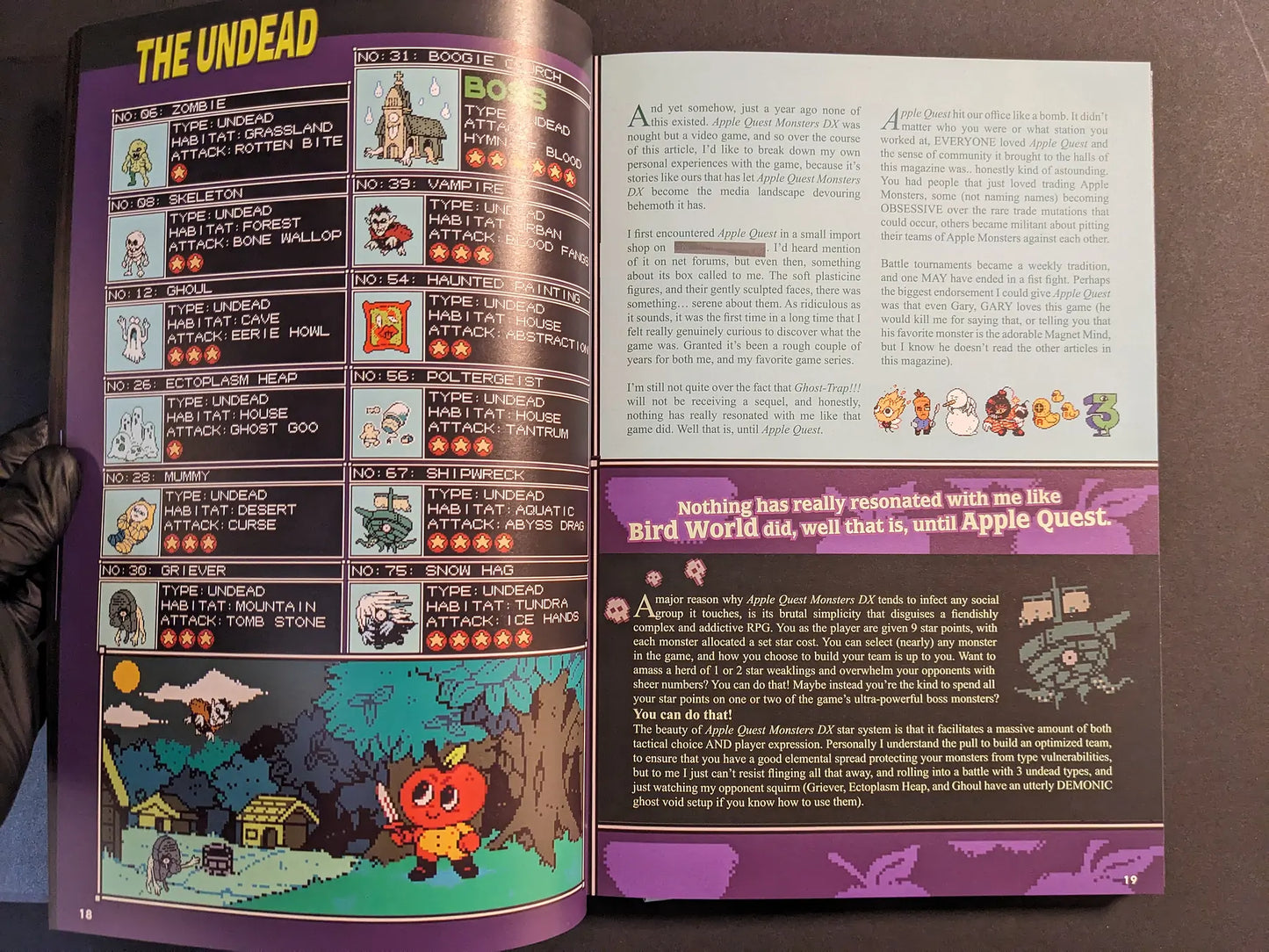 Spread from The Bizarre World of Fake Video Games with an undead monster bestiary and article layout for the fake game Apple Quest Monsters DX.