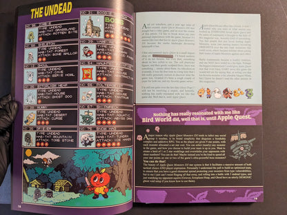 Spread from The Bizarre World of Fake Video Games with an undead monster bestiary and article layout for the fake game Apple Quest Monsters DX.