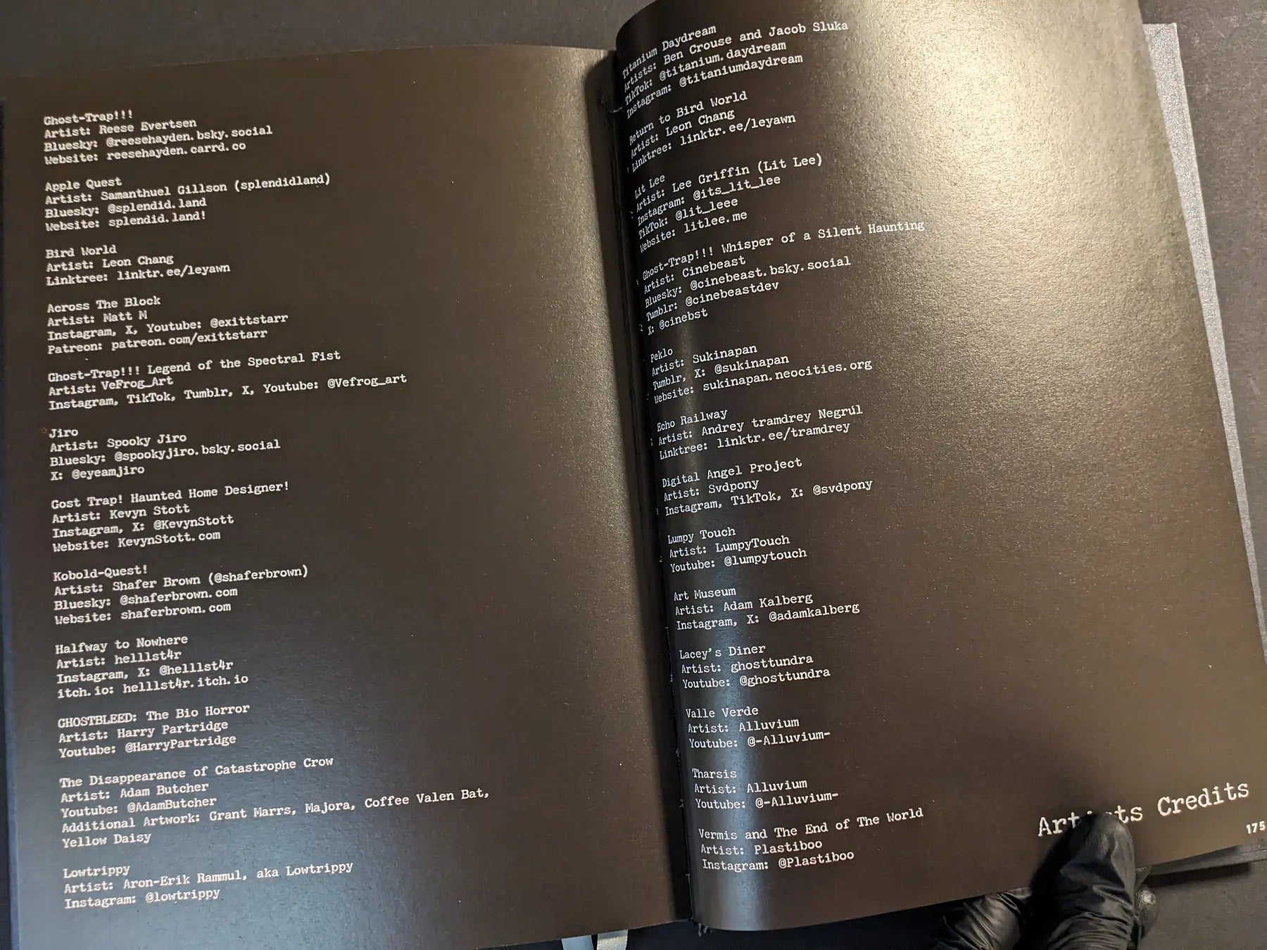 Credits pages from The Bizarre World of Fake Video Games listing the contributing artists and their contact details in white type on a dark background.