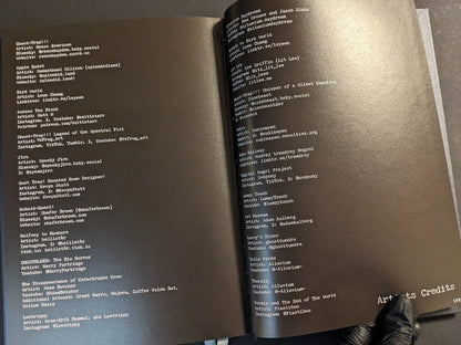 Credits pages from The Bizarre World of Fake Video Games listing the contributing artists and their contact details in white type on a dark background.