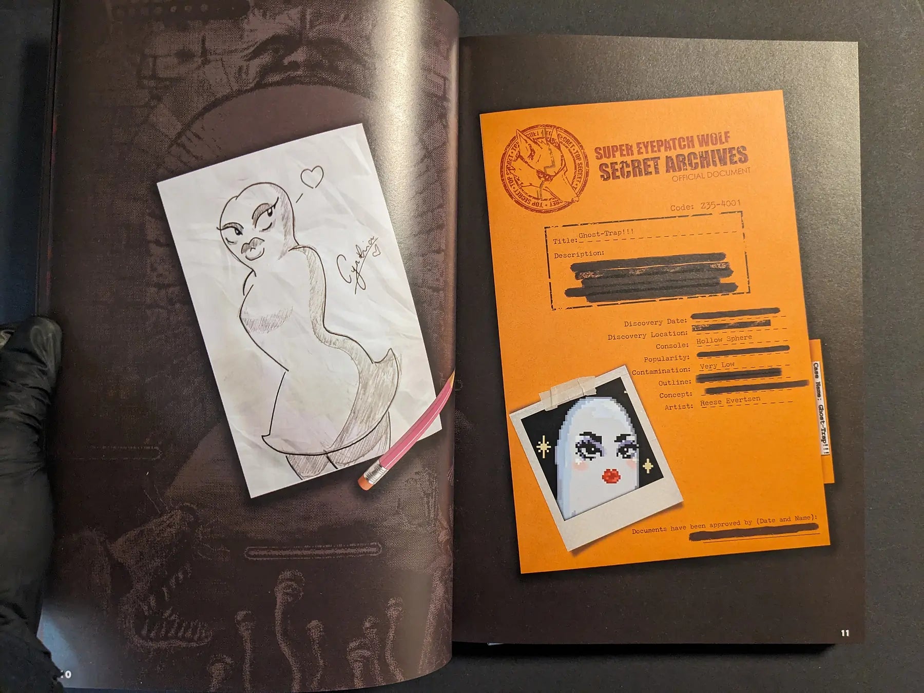 Spread from The Bizarre World of Fake Video Games showing a sketch and orange “Secret Archives” dossier for the fake game Ghost-Trap!!!.