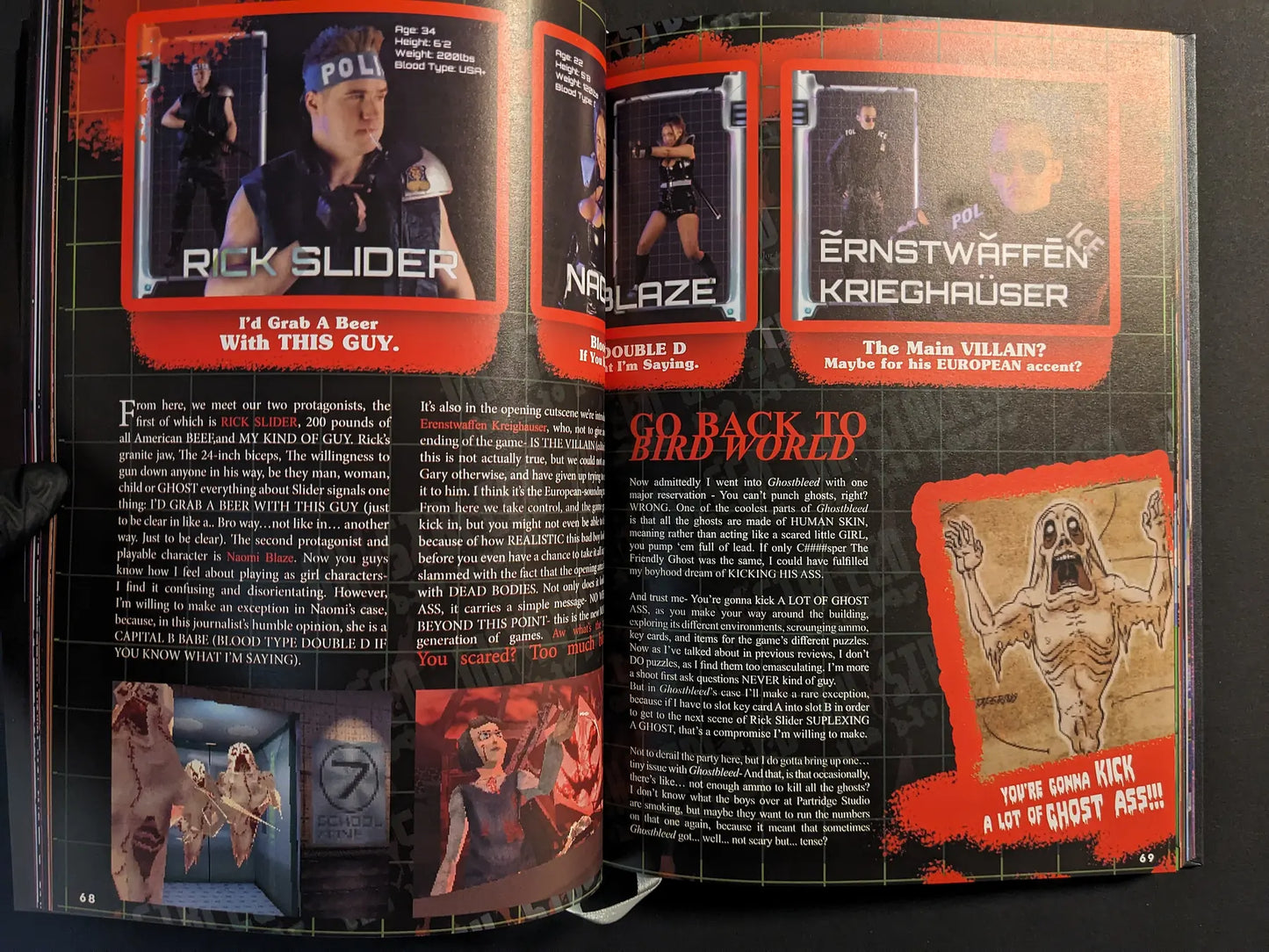 Magazine-style spread from The Bizarre World of Fake Video Games with live-action character portraits and text about the fake horror game Ghostbleed.