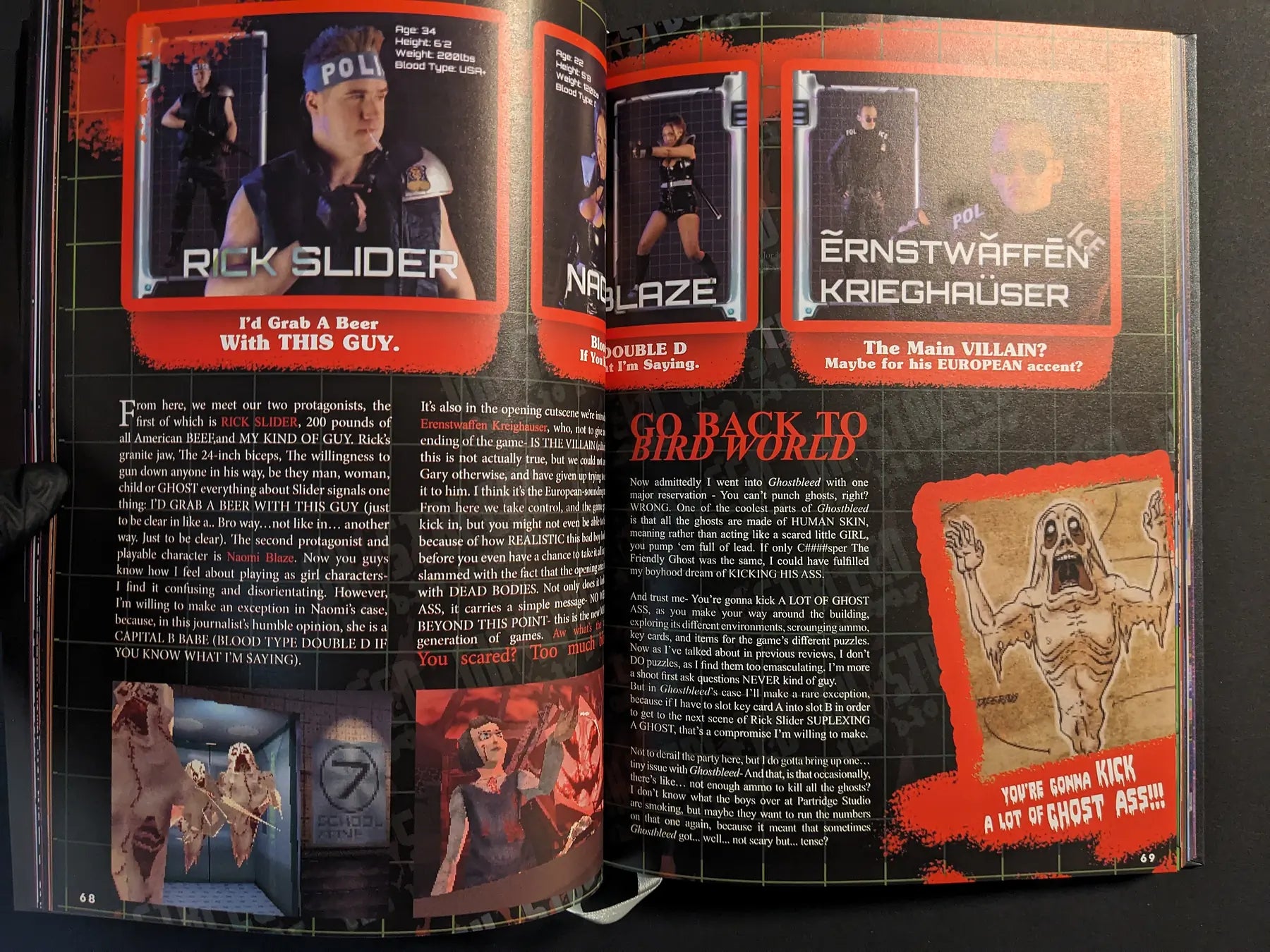 Magazine-style spread from The Bizarre World of Fake Video Games with live-action character portraits and text about the fake horror game Ghostbleed.