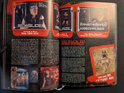 Magazine-style spread from The Bizarre World of Fake Video Games with live-action character portraits and text about the fake horror game Ghostbleed.