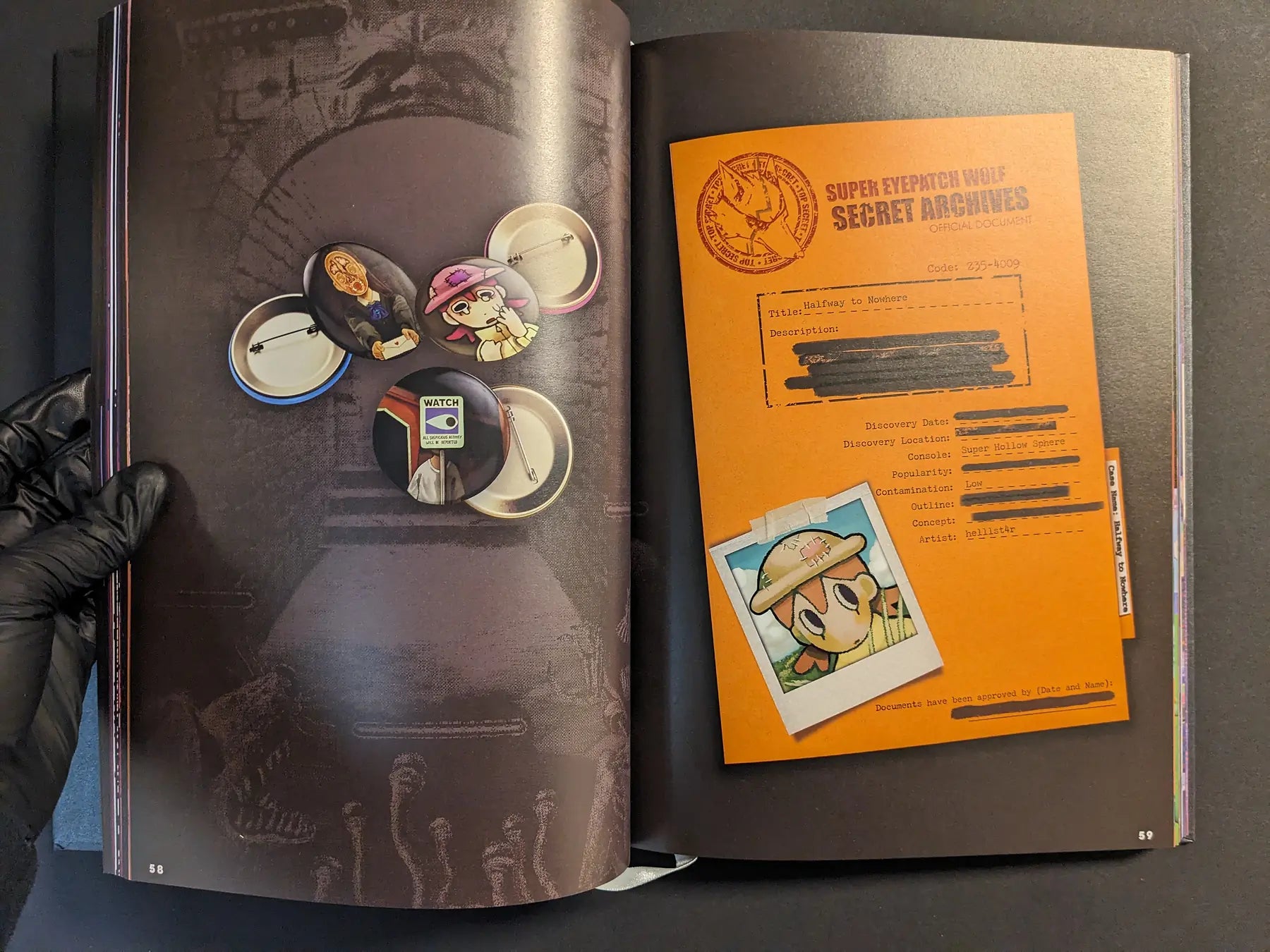 Spread from The Bizarre World of Fake Video Games with character badges and an orange “Secret Archives” file for the fake game Halfway to Nowhere.