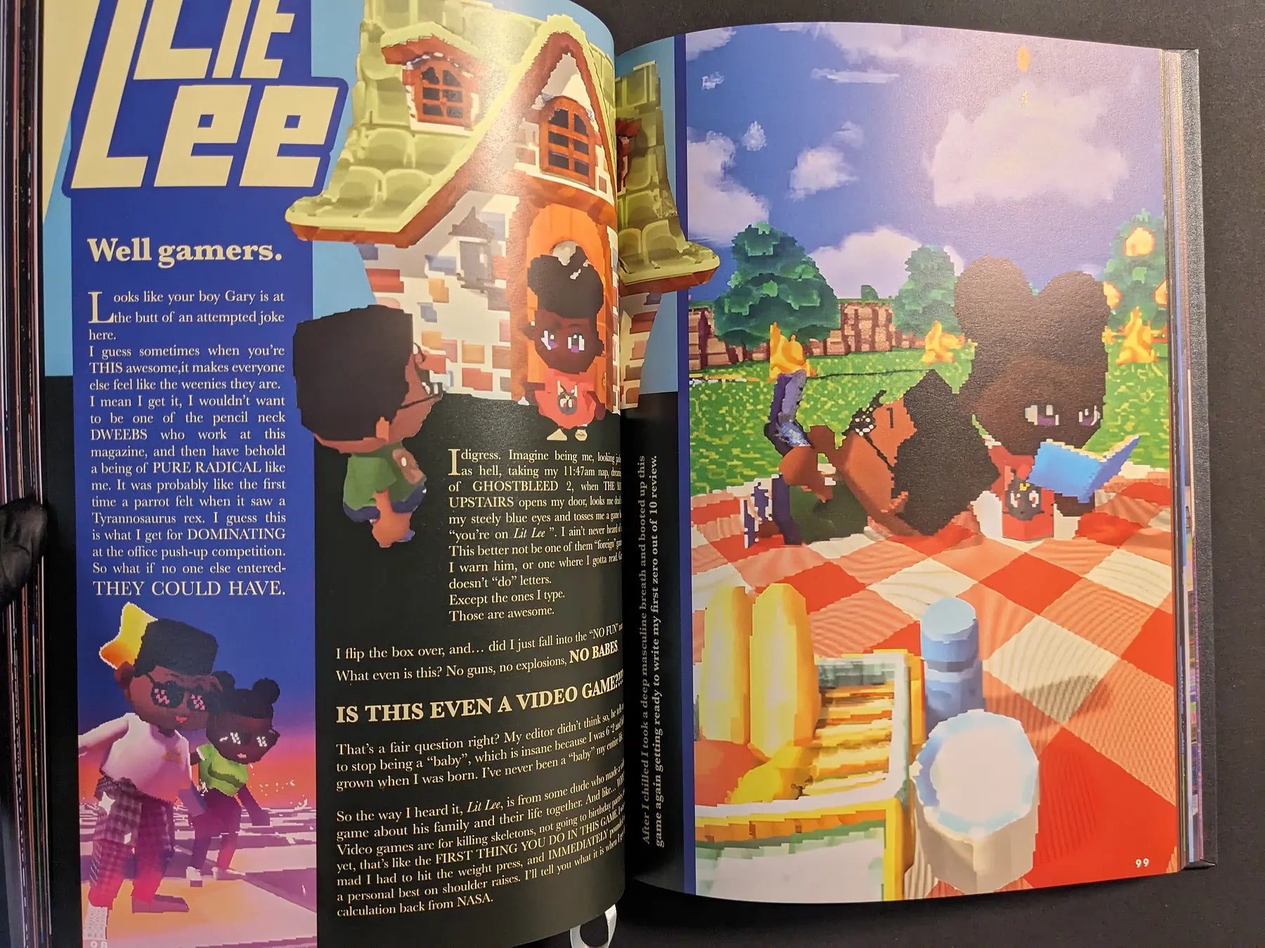Bright, colourful spread from The Bizarre World of Fake Video Games showing Lit Lee fake video game screenshots and in-world article text.