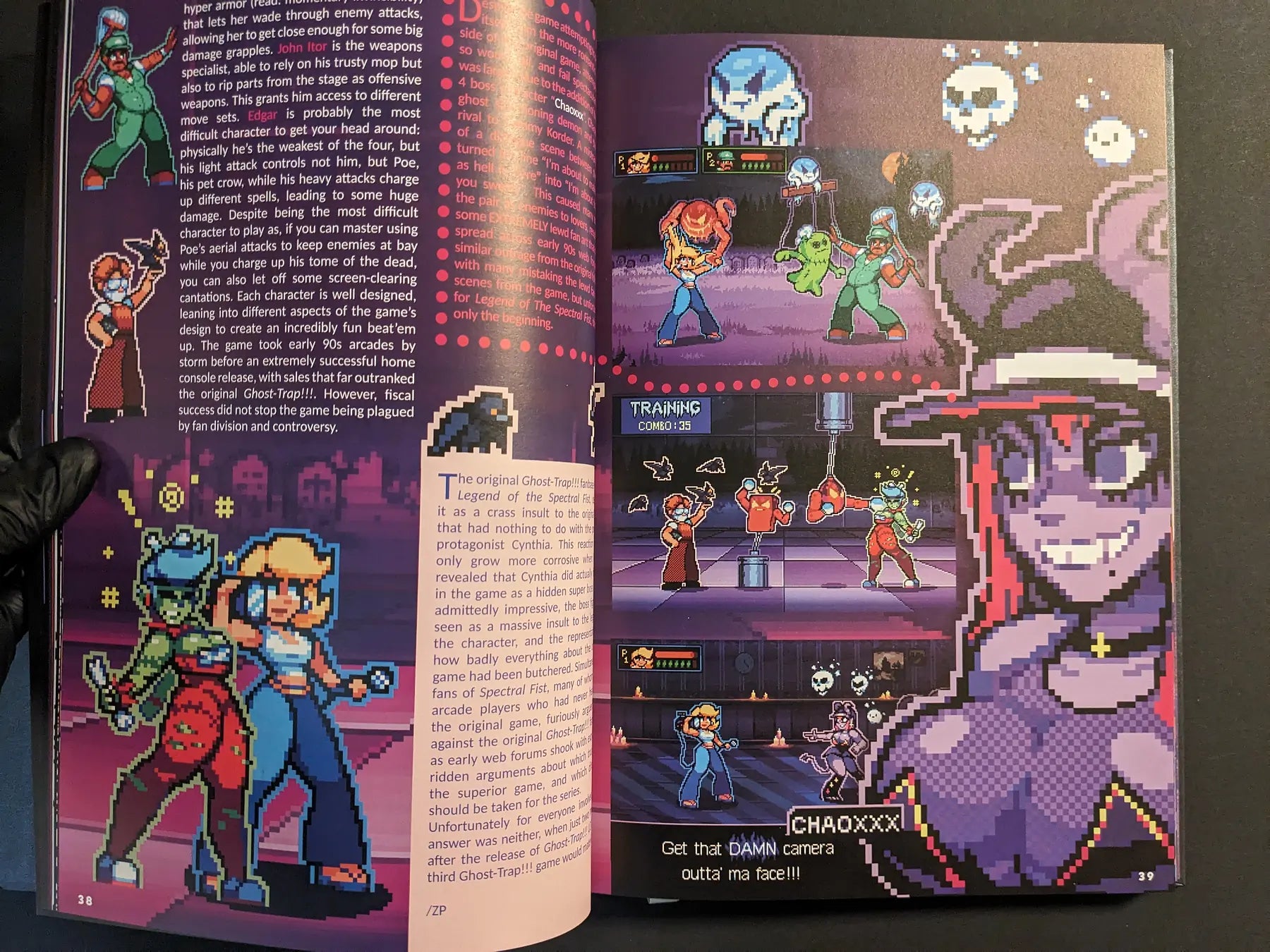 Pixel art fighting-game spread from The Bizarre World of Fake Video Games featuring colourful characters and arcade-style screenshots.