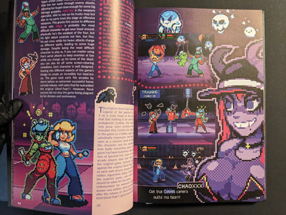 Pixel art fighting-game spread from The Bizarre World of Fake Video Games featuring colourful characters and arcade-style screenshots.