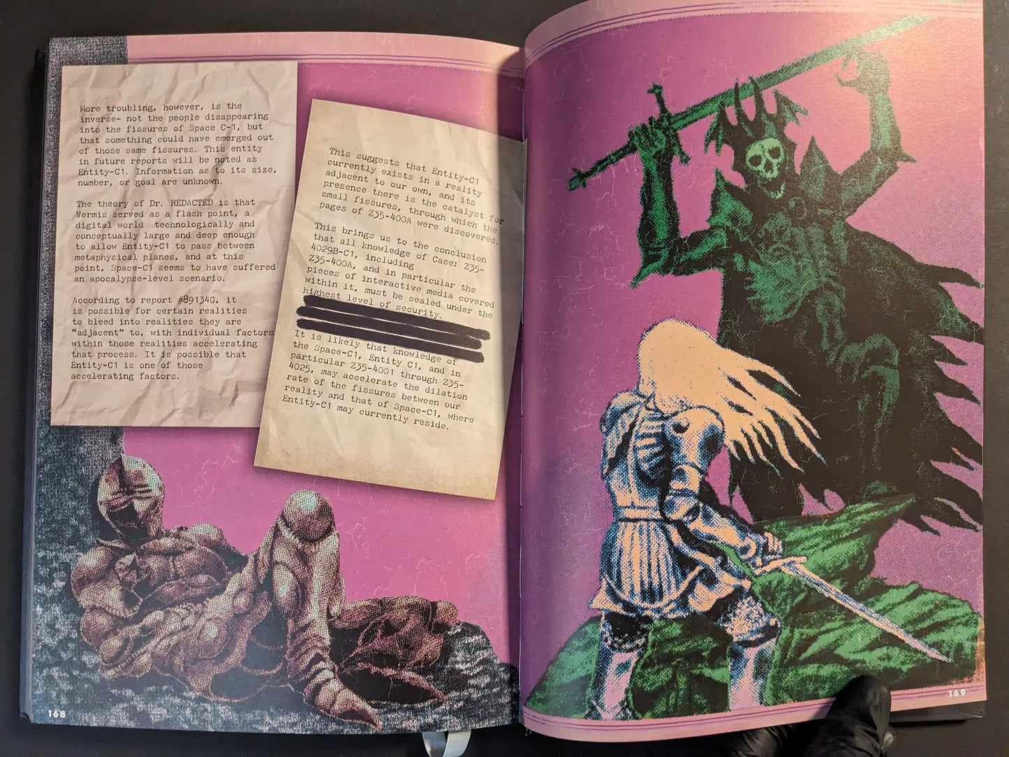 Spread from The Bizarre World of Fake Video Games combining redacted reports on a mysterious entity with pixel-art style illustrations of a knight facing a skeletal boss.