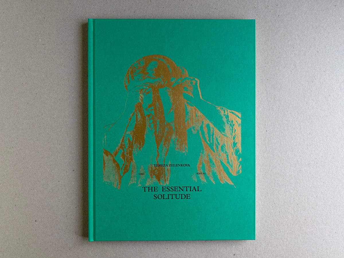 The Essential Solitude by Tereza Zelenkova, front cover on a turquoise hardcover with gold figure illustration and title.