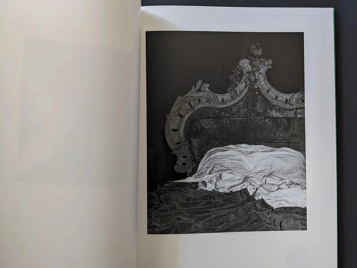Interior spread showing an unmade bed, velvet folds, and an ornate baroque headboard in low light.
