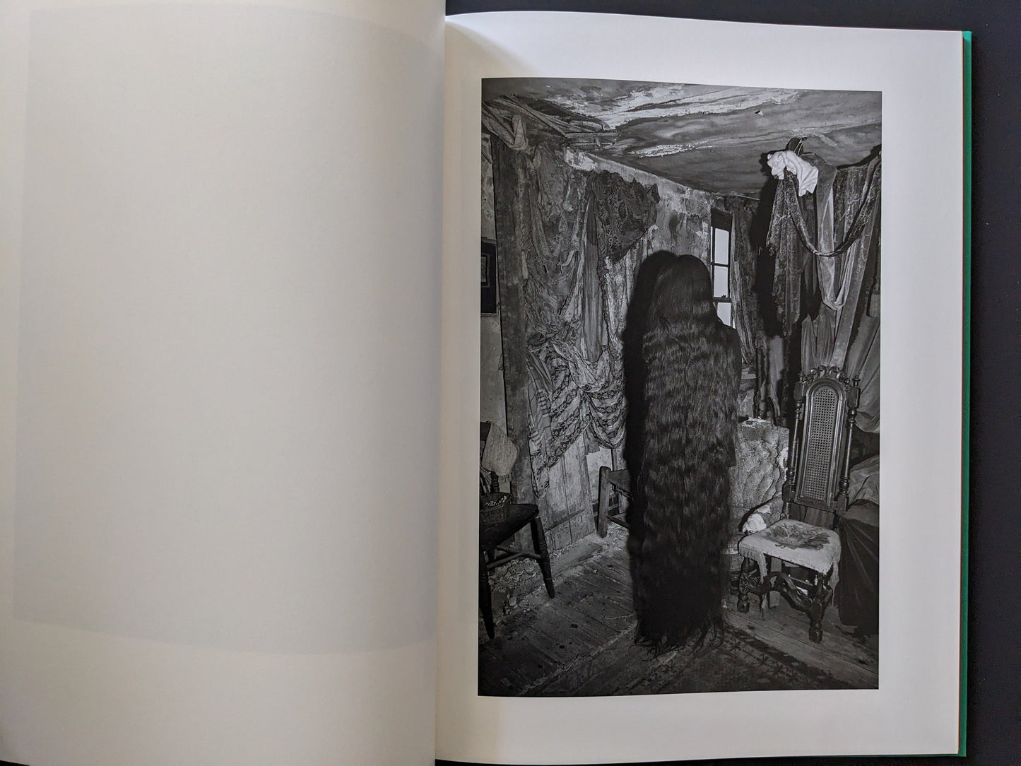 Interior scene with a dark, suspended mass of hair amid antique furnishings.