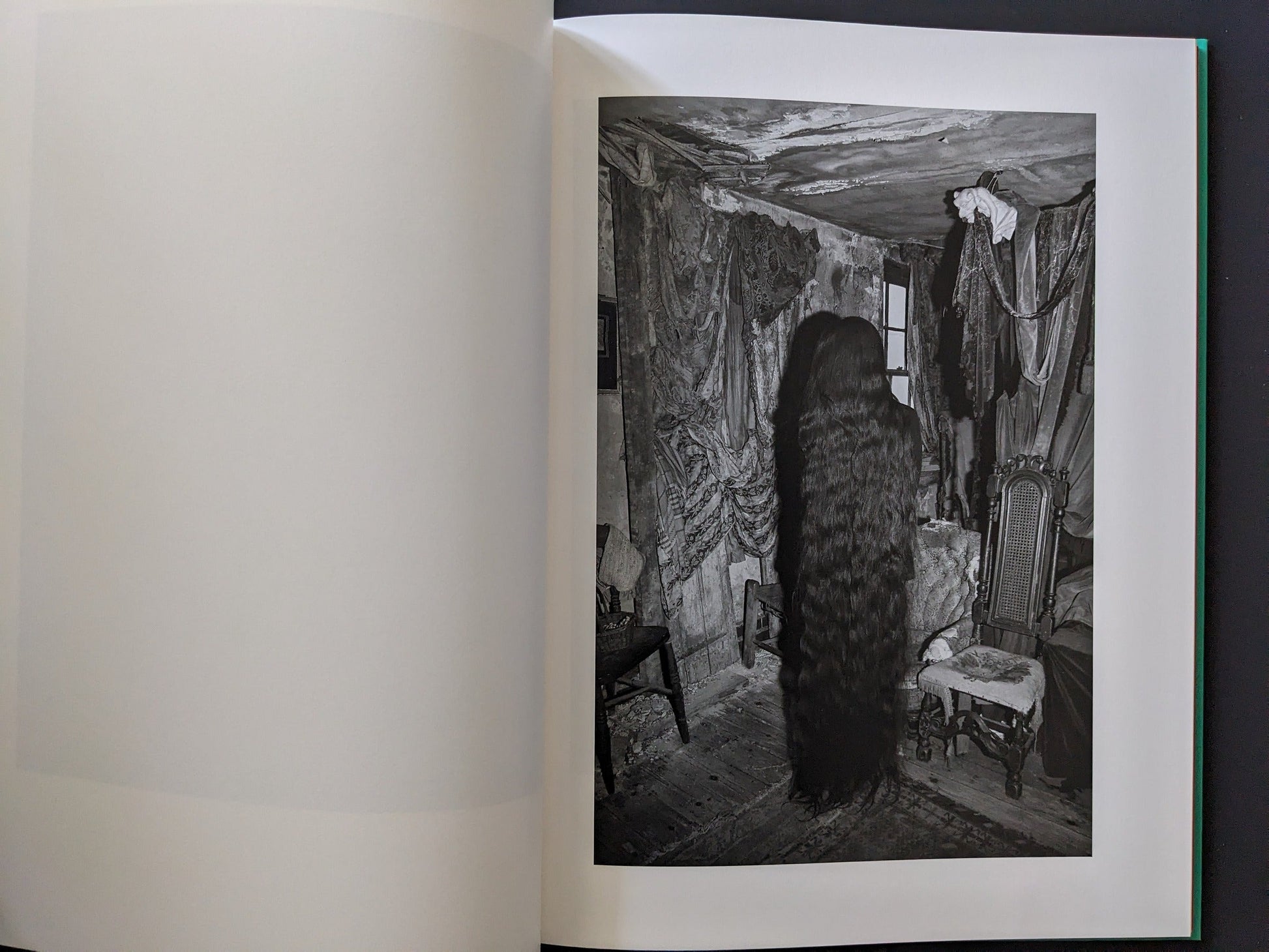 Interior scene with a dark, suspended mass of hair amid antique furnishings.