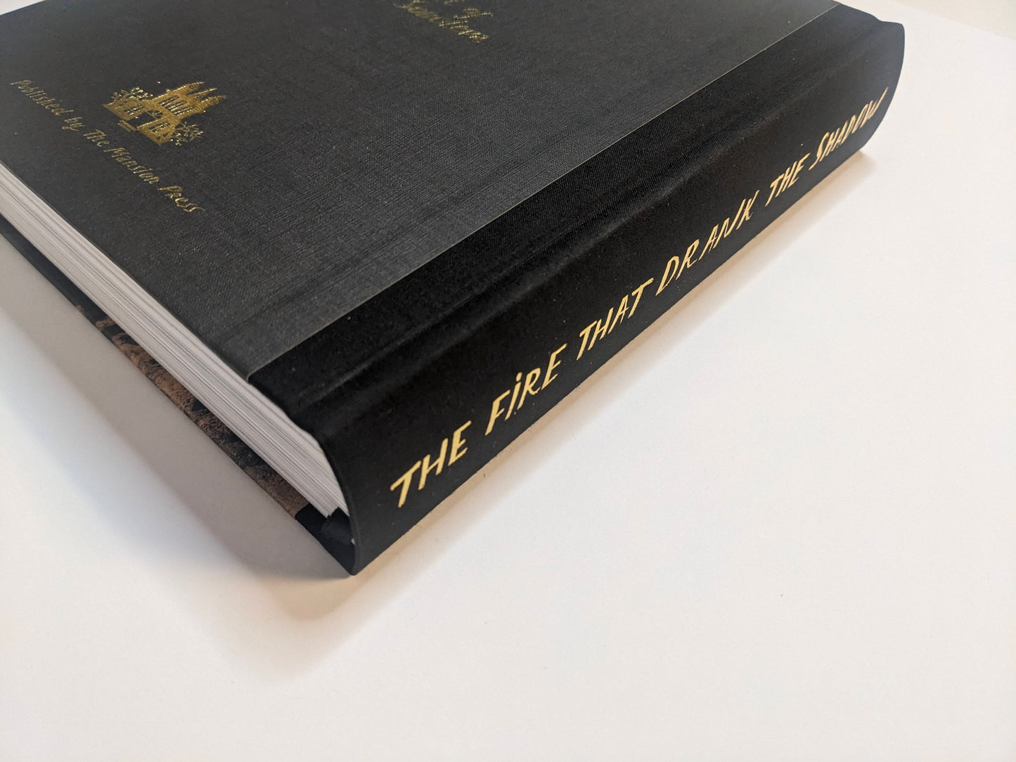 Spine of The Fire That Drank The Shadow – Deluxe Edition by Julia Soboleva, with gold title stamping on black cloth.