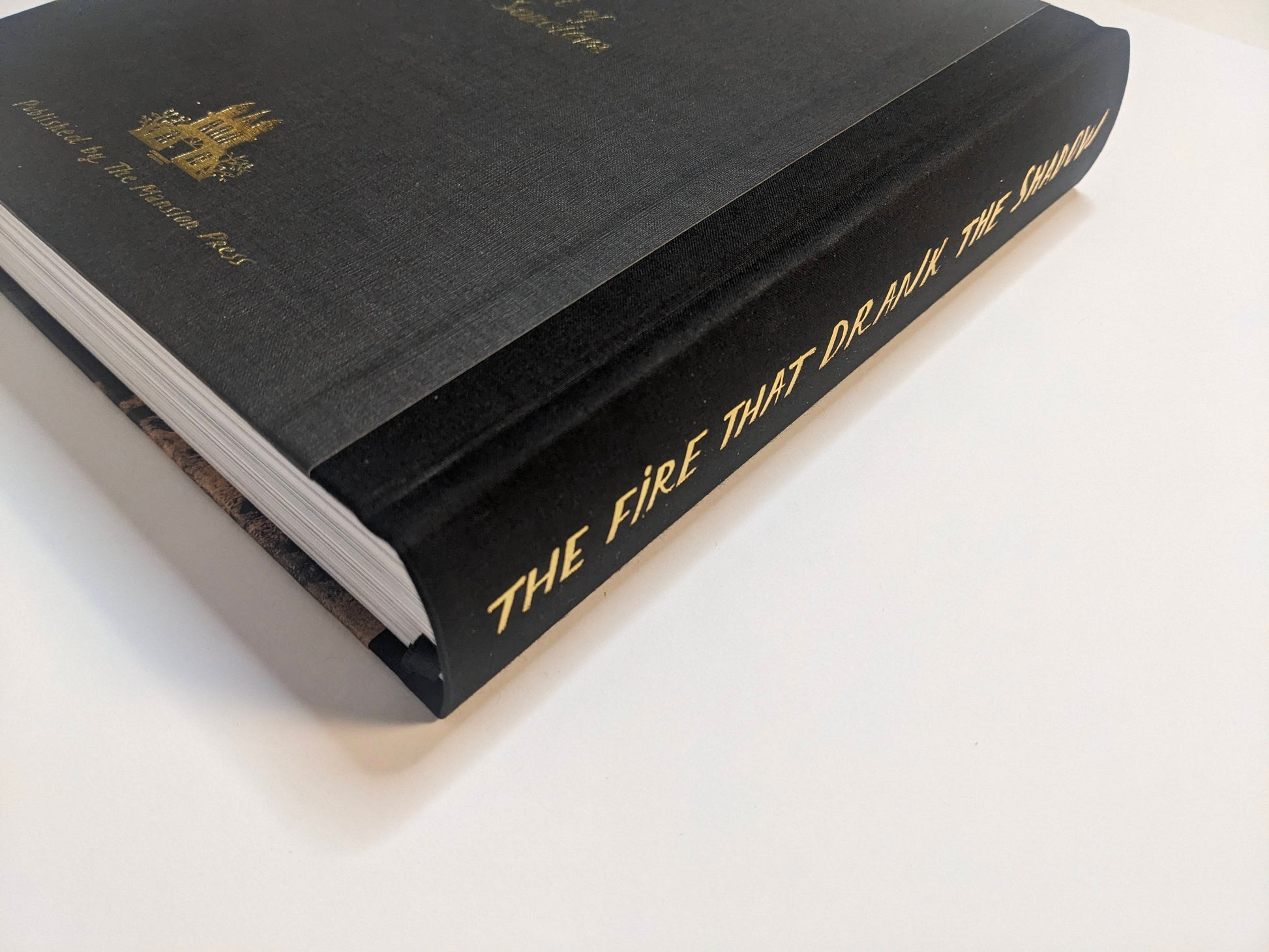 Spine of The Fire That Drank The Shadow – Deluxe Edition by Julia Soboleva, with gold title stamping on black cloth.