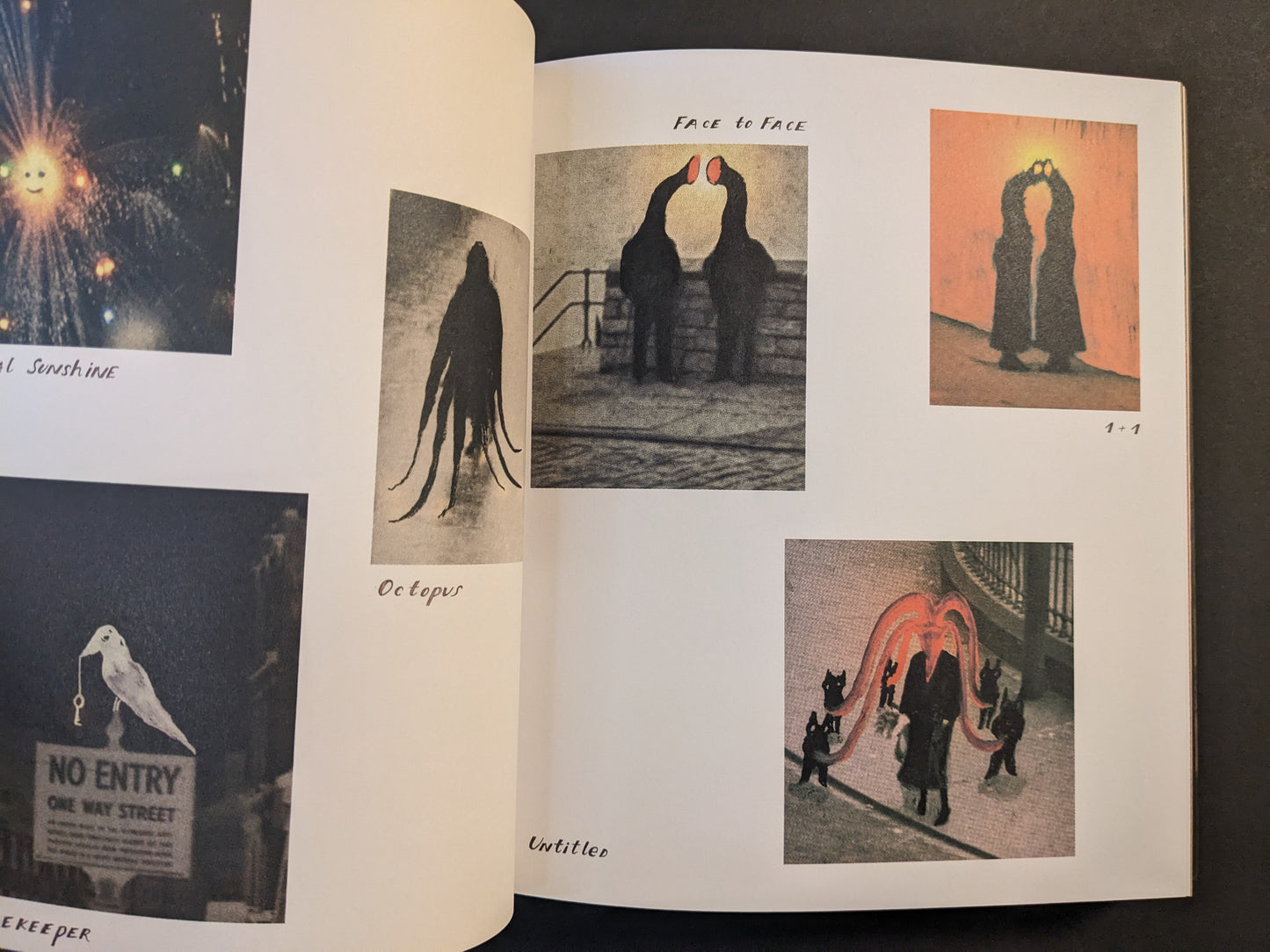 Open spread from The Fire That Drank The Shadow by Julia Soboleva titled “Face to Face,” featuring a collage of small surreal images including shadowy figures and a scene with a group surrounding a central figure.
