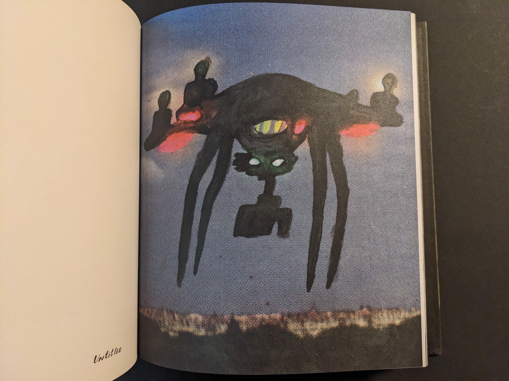 Artwork from The Fire That Drank The Shadow by Julia Soboleva depicting a long-legged dark beast with a striped green eye, with small shadowy figures in the background.