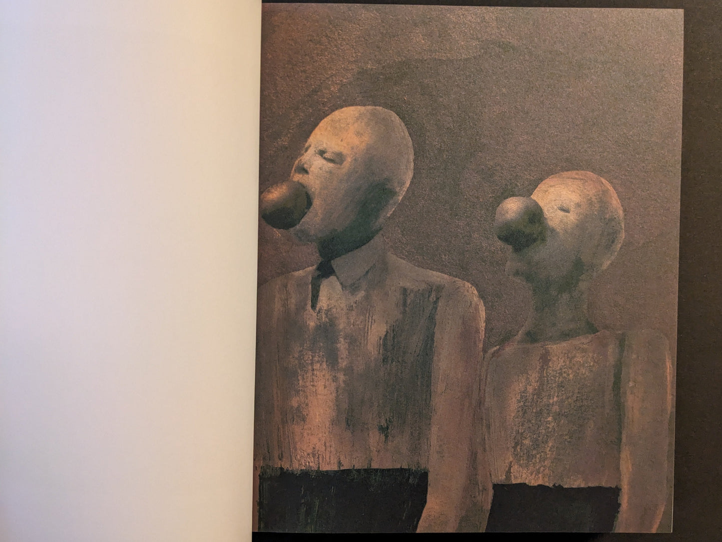 Artwork from The Fire That Drank The Shadow by Julia Soboleva, depicting two pale, mask-like figures in muted tones, one with a wide open mouth and the other with a rounded nose.