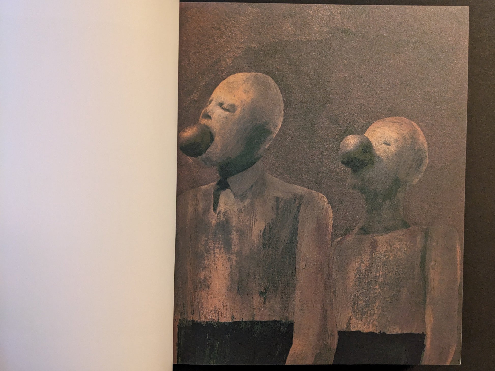 Artwork from The Fire That Drank The Shadow by Julia Soboleva, depicting two pale, mask-like figures in muted tones, one with a wide open mouth and the other with a rounded nose.