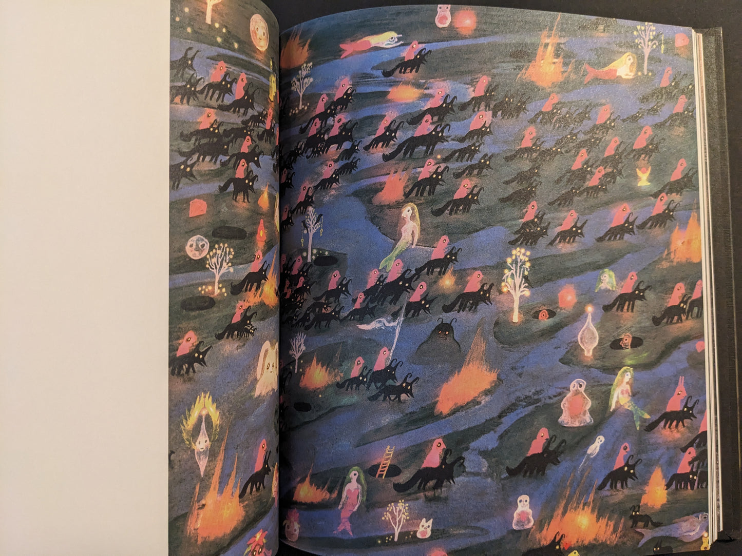 Artwork from The Fire That Drank The Shadow by Julia Soboleva showing a dark, winding river landscape filled with repeated black creatures with pink heads, small fires, and scattered figures.