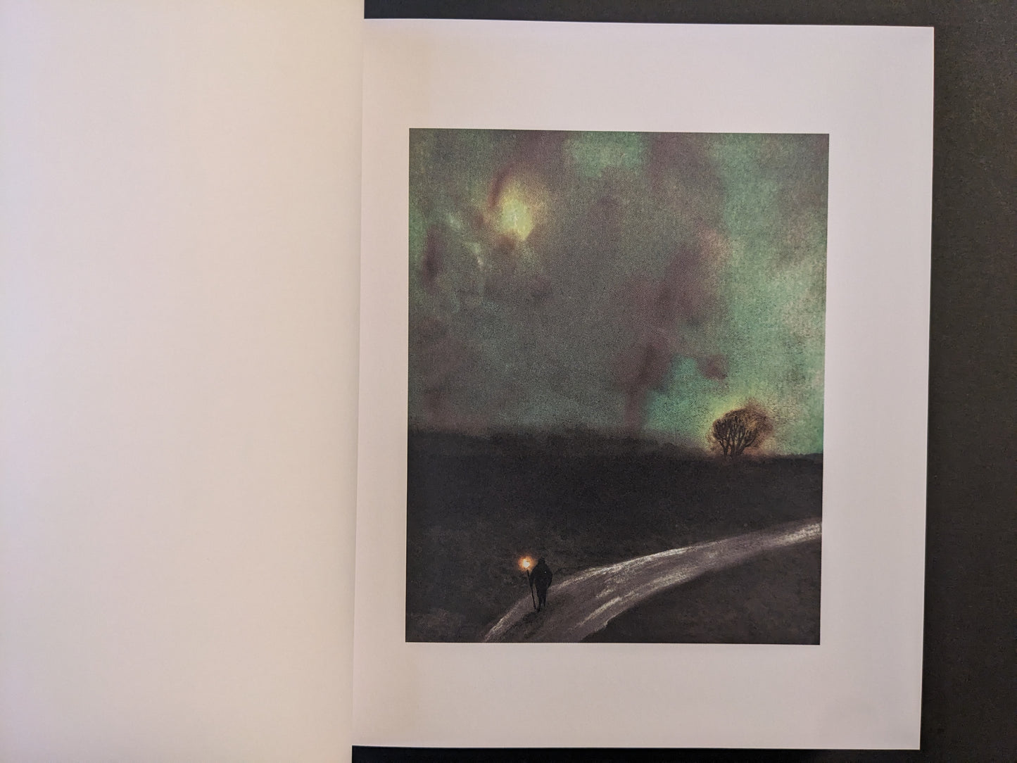 Artwork from The Fire That Drank The Shadow by Julia Soboleva, an atmospheric landscape with a small figure carrying a light along a winding road under a green, clouded sky.