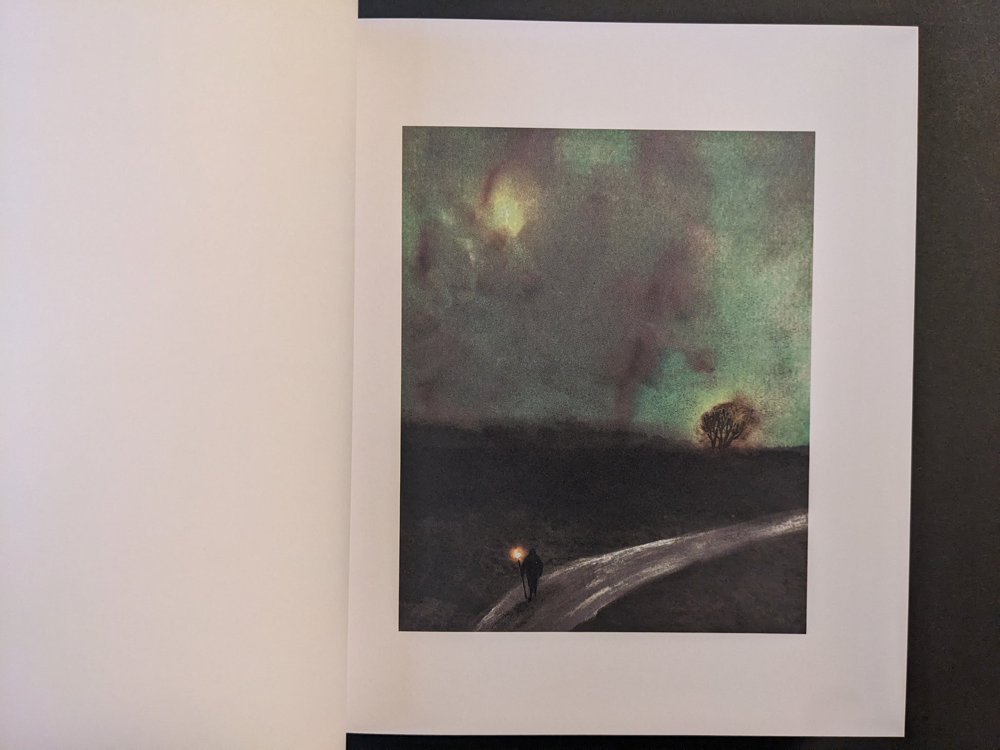 Artwork from The Fire That Drank The Shadow by Julia Soboleva, an atmospheric landscape with a small figure carrying a light along a winding road under a green, clouded sky.